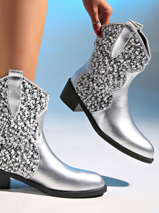 Retro Glam Silver Metallic Knee-High Boots with Spike Heel – Bold Fashion Statement for Women