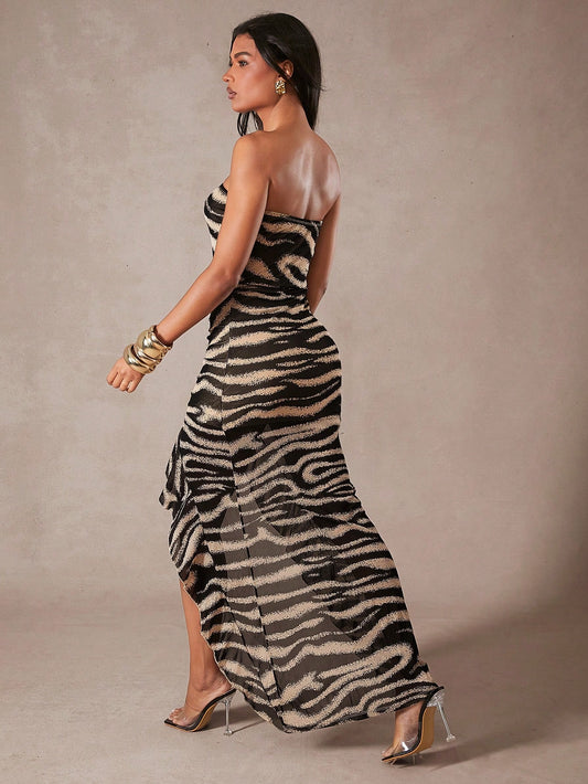 Chic Zebra Print Strapless Maxi Dress with Ruffle Frill - Perfect for Parties