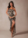 Chic Zebra Print Strapless Maxi Dress with Ruffle Frill - Perfect for Parties