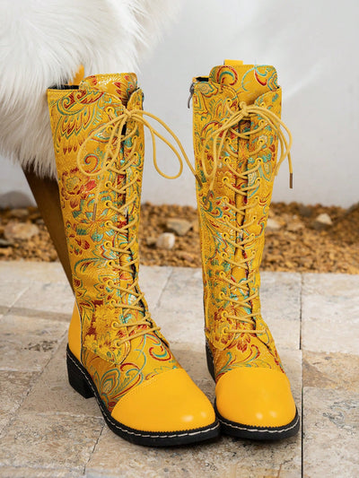 Chic Yellow Floral Embroidery Knee-High Boots for All Seasons