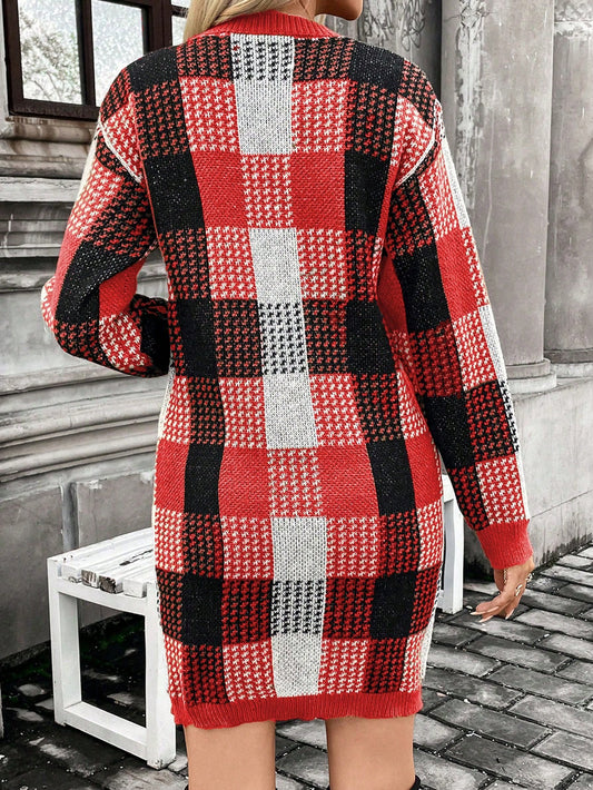 Chic Vintage Crew Neck Plaid Patchwork Pullover Dress for Fall & Winter