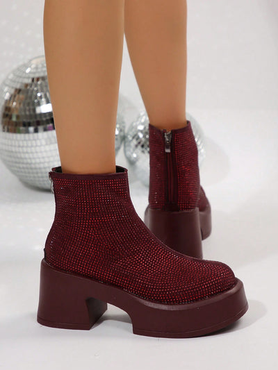 Chic Crystal-Embellished Waterproof Chelsea Boots – Perfect High Heels for Any Occasion