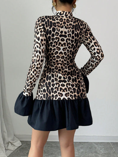 Chic Leopard Print Long Sleeve Mini Dress with Cinched Waist - Perfect for Autumn & Winter Layering