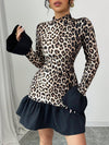 Chic Leopard Print Long Sleeve Mini Dress with Cinched Waist - Perfect for Autumn & Winter Layering