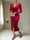 Chic Velvet Elegance: Deep V-Neck Ruched Dress with Bubble Sleeves