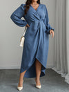 Elegant Plus Size V-Neck Lantern Sleeve Wrap Dress for Spring & Autumn