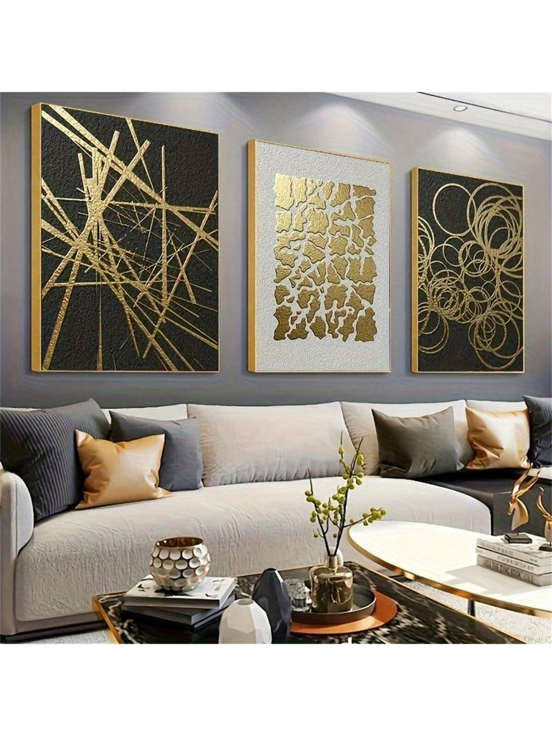 Elevate your space with this playful trio of modern abstract geometric canvases. Featuring bold golden and black tones, each piece adds a chic, artistic flair that sparks conversation and brightens any room. Perfect for those who love stylish shapes and a dash of glamour in their home decor.