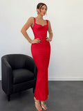 Bright red cowl neck bodycon maxi dress front view