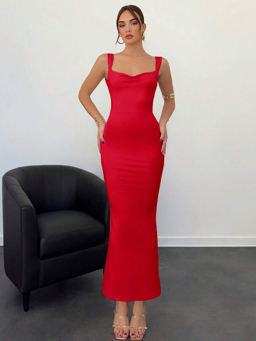 Bright red open back bow maxi dress detail