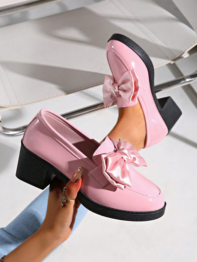 Chic Pink Bowknot High Heel Loafers - British Style Mary Jane Flats for Elegant Lolita Looks