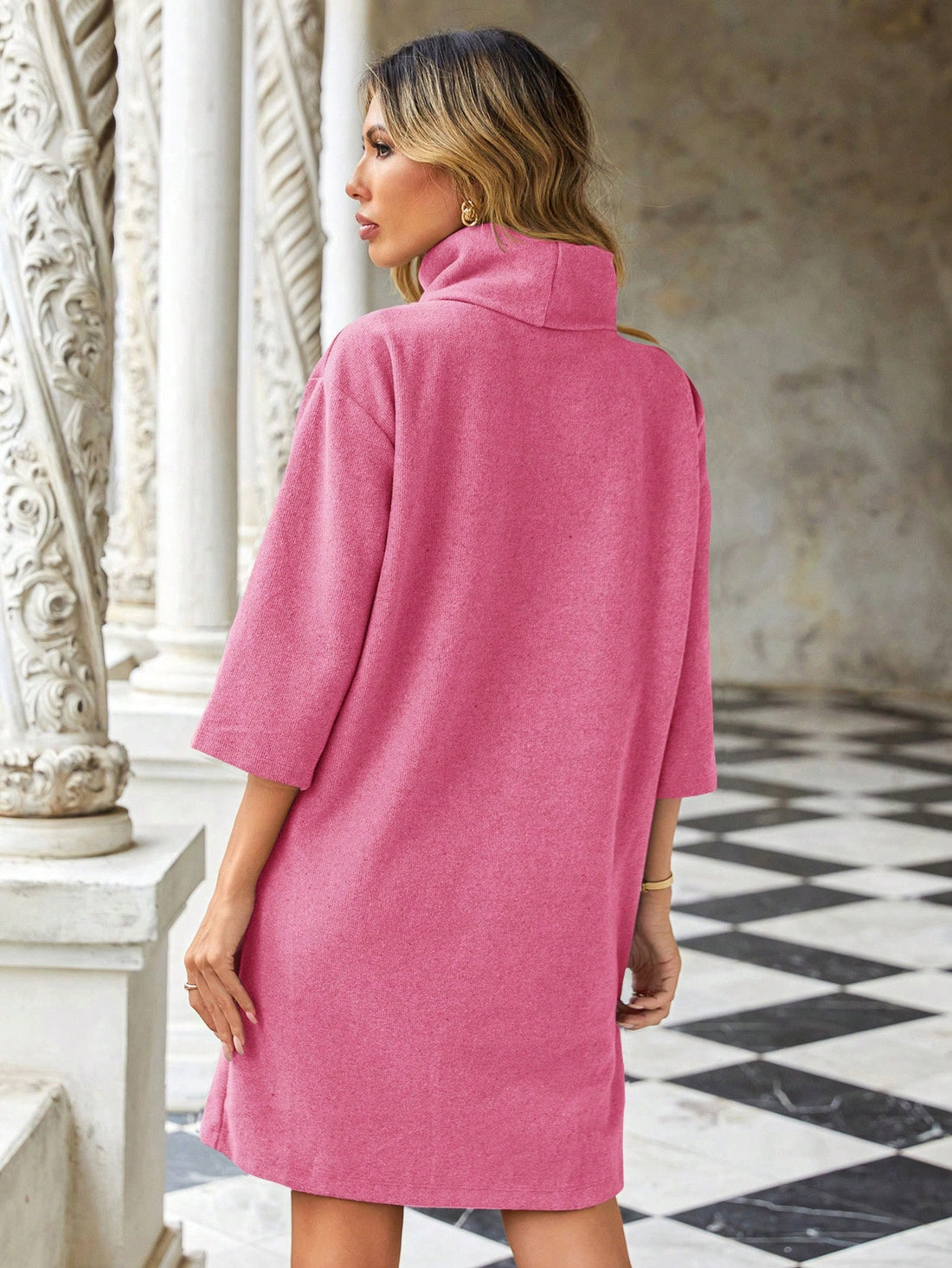 Stay stylish and cozy with our Elegant Solid Turtleneck Sweater Dress! Perfect for any occasion, this dress is an essential addition to your wardrobe. The turtleneck design adds a touch of elegance, while the soft fabric keeps you comfortable. Stay warm and chic with this must-have dress.