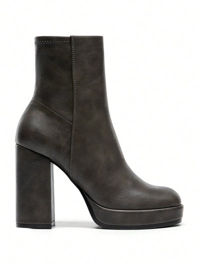 Retro Chic Platform Ankle Boots with Chunky High Heels and Side Zipper