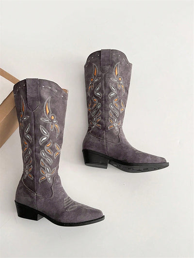 Chic Vintage Embroidered Western Block Heel Boots for Effortless Style