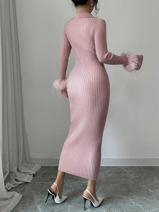 Chic & Cozy: Long Fitted Knit Dress with Fuzzy Cuff Accents