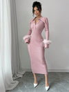 Chic & Cozy: Long Fitted Knit Dress with Fuzzy Cuff Accents