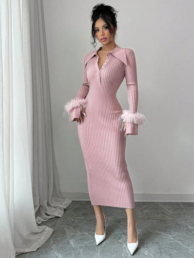 Chic & Cozy: Long Fitted Knit Dress with Fuzzy Cuff Accents