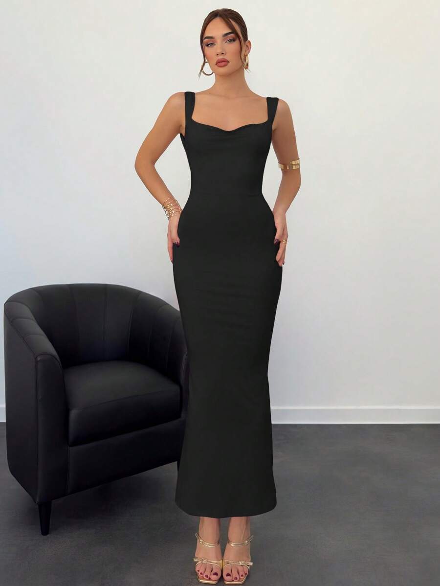 Black cowl neck maxi dress side view