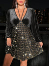 Elegant Plus Size Velvet Sequin Dress with V-Neck and Tie Front