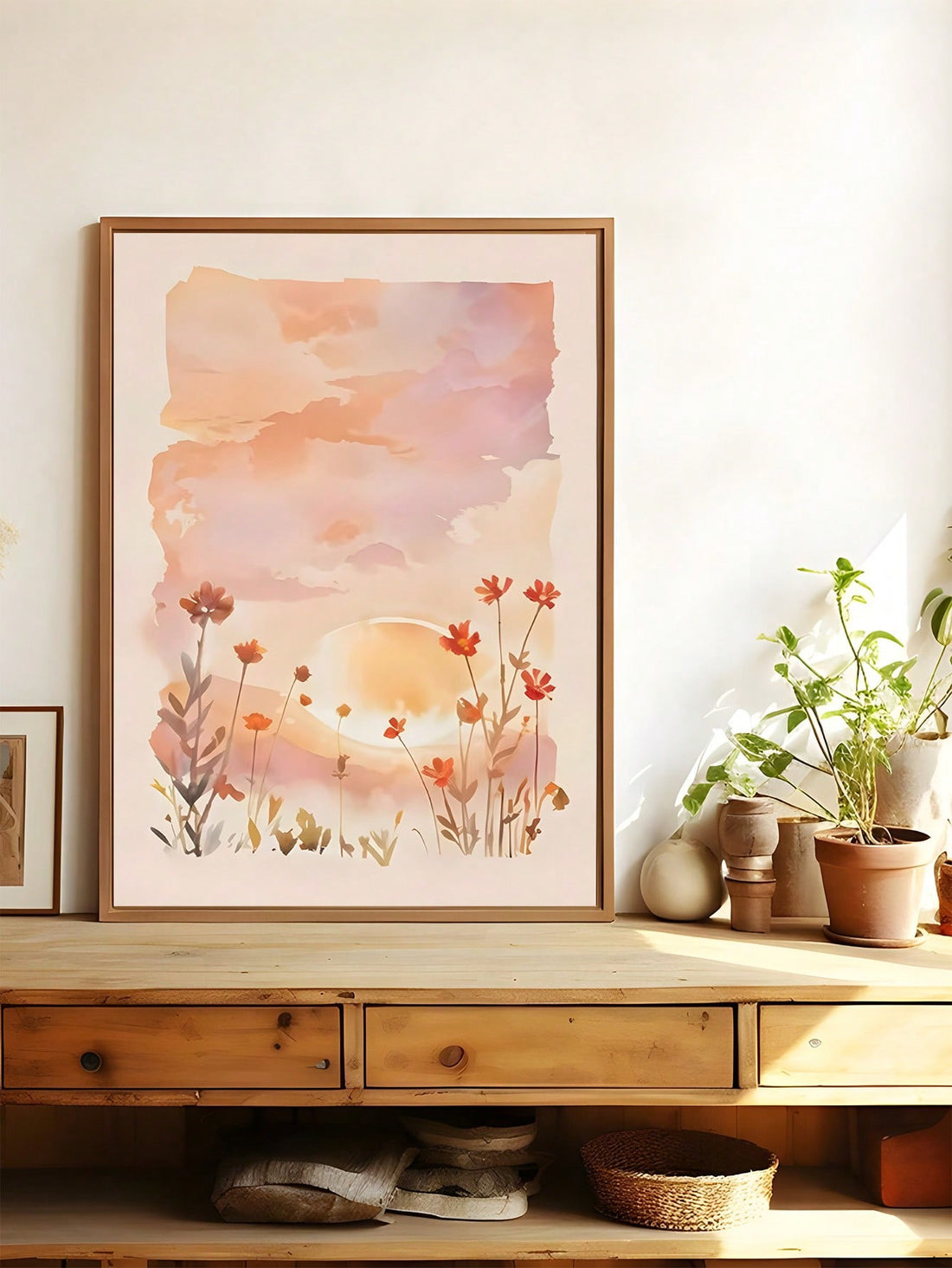 Welcome to our Vintage Watercolor Sun & Wildflowers Canvas Art! Our bohemian wall decor brings a touch of nature into every room. The beautifully hand-painted design captures the essence of wildflowers and the warmth of the sun, adding a serene and peaceful vibe to your space. Unframe this unique piece and add it to your home today!