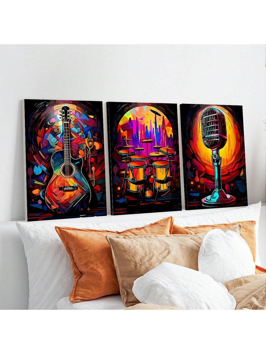 Add a pop of color and personality to your home decor with our Vibrant Neon Musical Instruments Canvas Art set. Featuring a fun and quirky design, this 3-piece set will bring a playful touch to any room. Unframed for a modern and stylish look. Rock on!