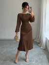 Elegant Autumn Pleated Lantern Sleeve Dress with Gathered Waist – Perfect Casual Style