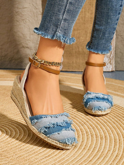 Tassel Detail Rope Sole Peep-Toe Wedge Sandals - Comfort Meets Style