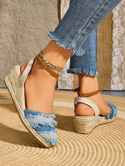 Tassel Detail Rope Sole Peep-Toe Wedge Sandals - Comfort Meets Style