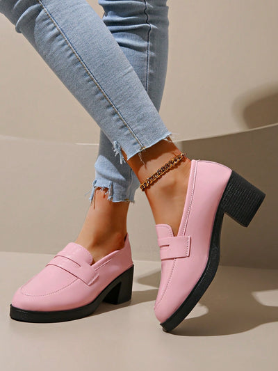 Chic Pink Leather Glitter Fringe Loafers with Chunky Platform Heels