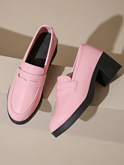 Chic Pink Leather Glitter Fringe Loafers with Chunky Platform Heels