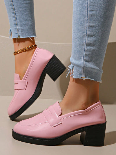 Chic Pink Leather Glitter Fringe Loafers with Chunky Platform Heels