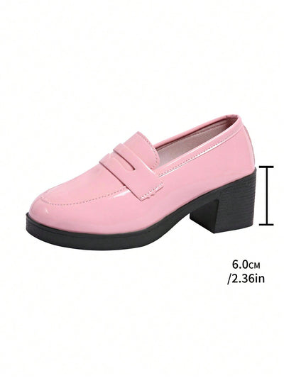 Chic Pink Leather Glitter Fringe Loafers with Chunky Platform Heels