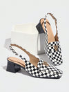 Chic Black & White Plaid Chunky Heels with Leopard Accent - Versatile Fashion Statement