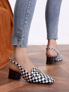 Chic Black & White Plaid Chunky Heels with Leopard Accent - Versatile Fashion Statement