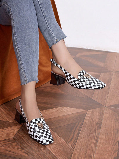 Chic Black & White Plaid Chunky Heels with Leopard Accent - Versatile Fashion Statement