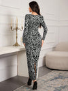 Chic Zebra Print V-Neck Long Sleeve Fitted Dress for Autumn