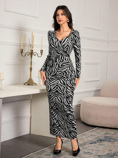 Chic Zebra Print V-Neck Long Sleeve Fitted Dress for Autumn