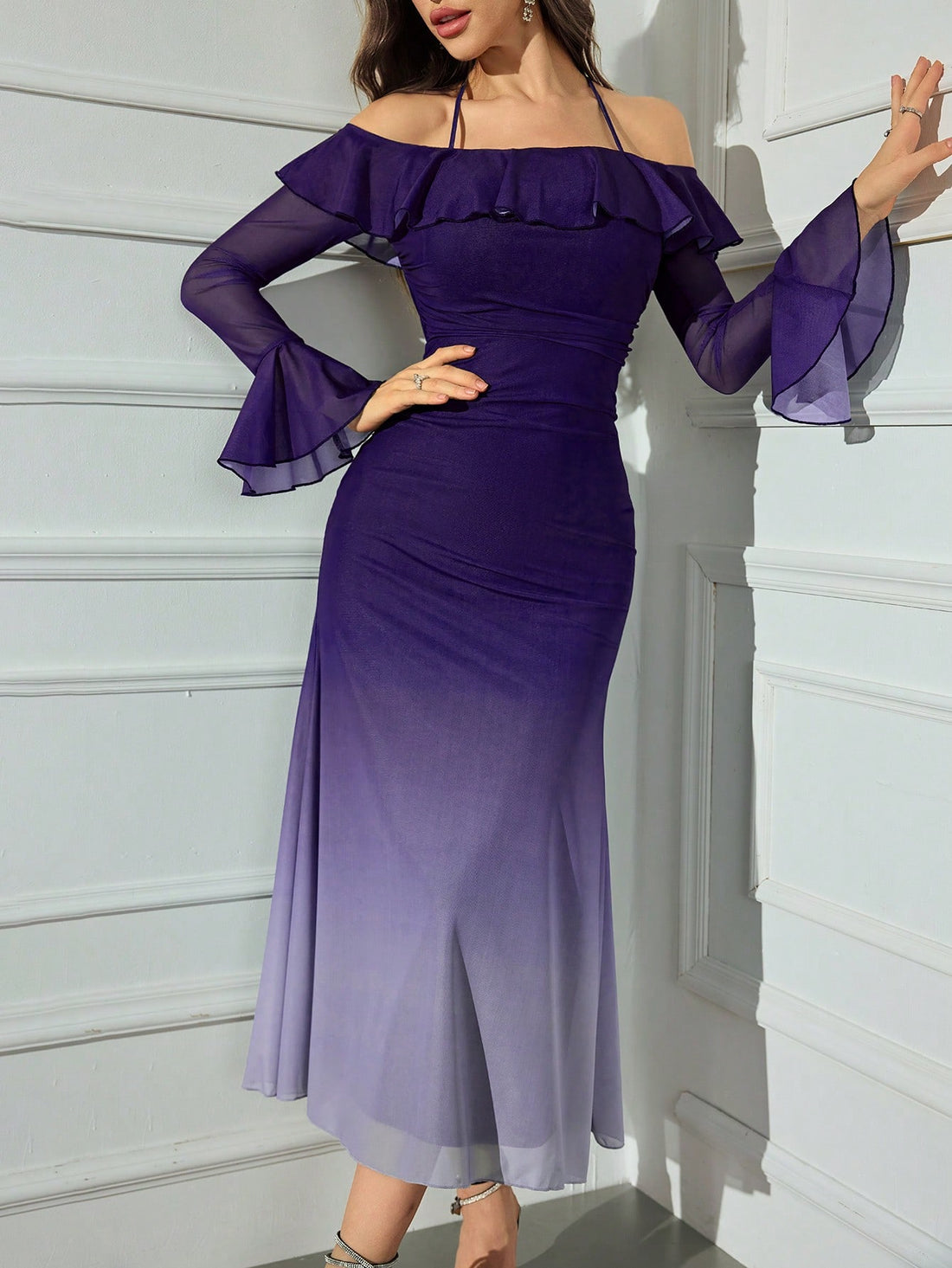 Turn heads with our Elegant Ombre Ruffle Trim Spaghetti Strap Dress. The ombre design and ruffle trim add a touch of elegance to this playful dress. Perfect for a fun night out or a dressy occasion. (Slay the fashion game with this trendy dress!)