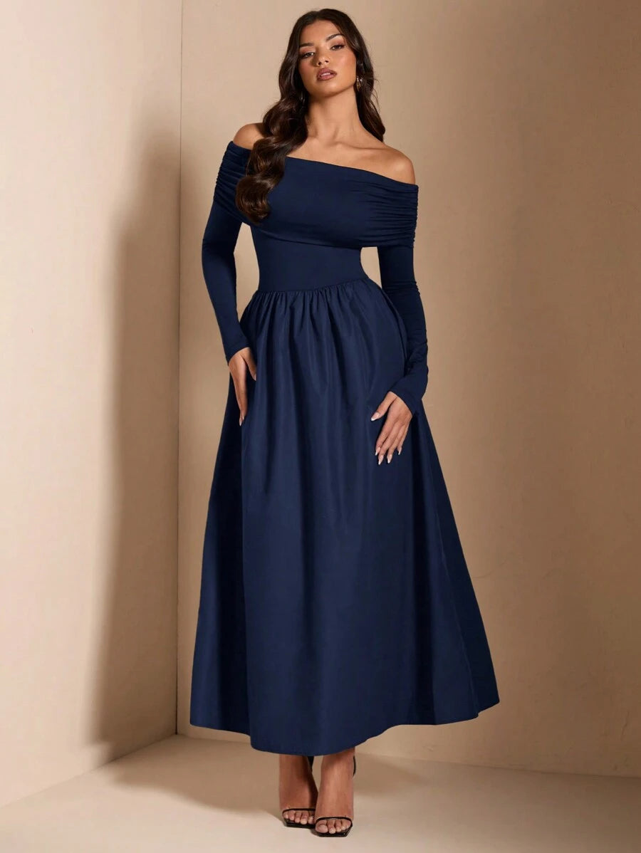 Navy ruched long sleeve maxi dress front view