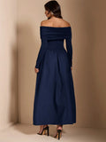 Navy off-shoulder formal dress back view