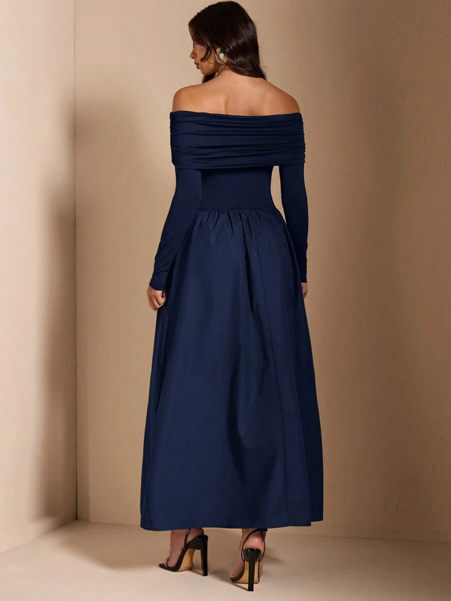 Navy off-shoulder formal dress back view