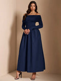 Deep navy A-line evening gown full front view