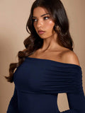 Navy ruched Bardot neckline close-up