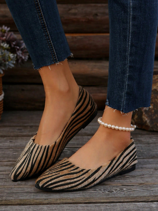 Chic Striped Pointed Toe Suede Slip-On Flats for Fall/Winter