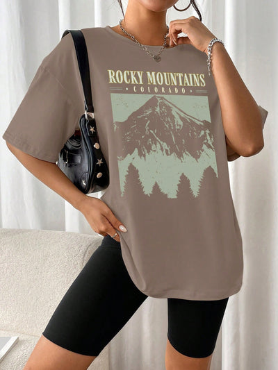 Women's Casual Loose Mountain Letter Print Short Sleeve T-Shirt Graphic Tees Women Tops