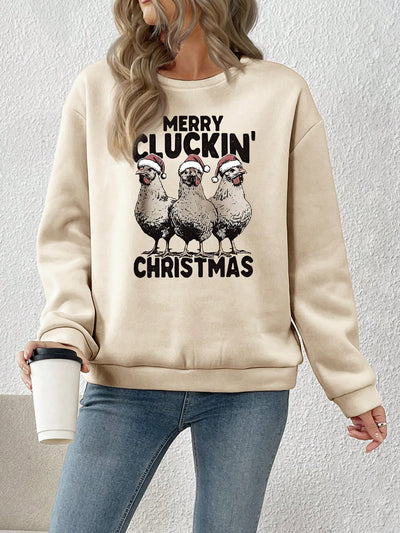 Cozy Christmas Rooster Graphic Sweatshirt - Casual Loose Fit for Women