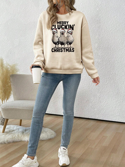 Cozy Christmas Rooster Graphic Sweatshirt - Casual Loose Fit for Women