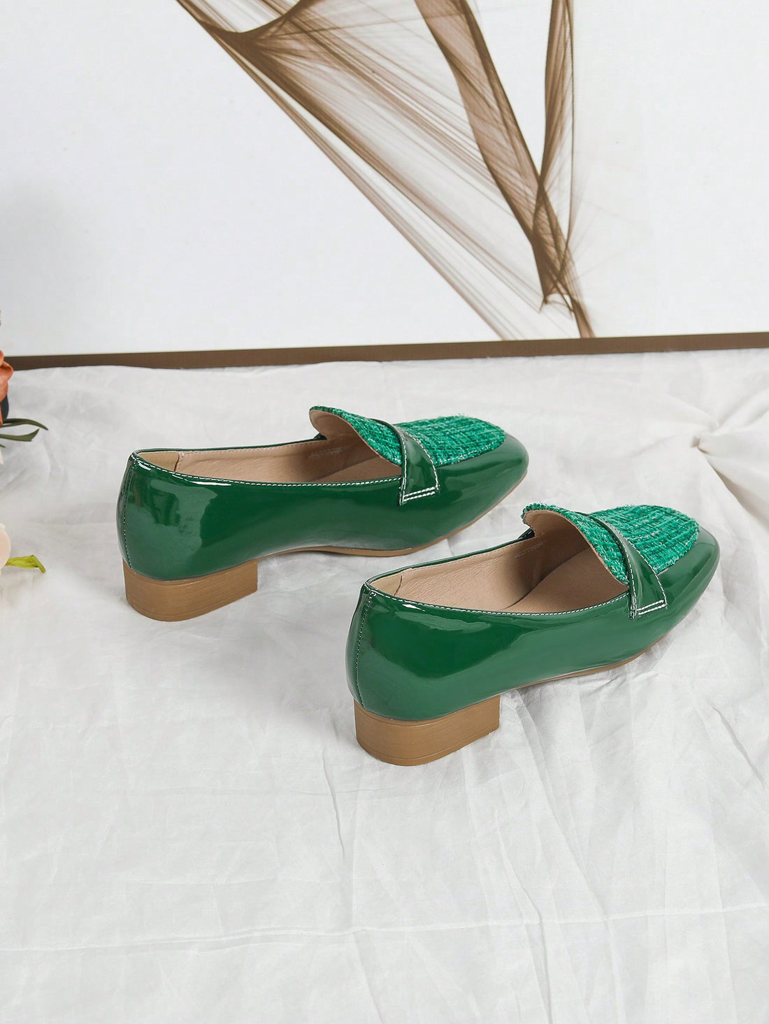 Elevate your style with these chic light green patent leather chunky heels! The canvas checkered patchwork gives them a unique and eye-catching look. With their sturdy and comfortable design, these heels are perfect for any occasion. Step out in confidence and elevate your fashion game with these must-have shoes!