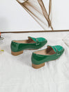 Chic Light Green Patent Leather Chunky Heels with Canvas Checkered Patchwork - Elevate Your Style!