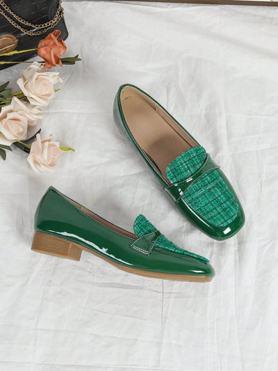 Chic Light Green Patent Leather Chunky Heels with Canvas Checkered Patchwork - Elevate Your Style!