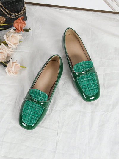 Chic Light Green Patent Leather Chunky Heels with Canvas Checkered Patchwork - Elevate Your Style!